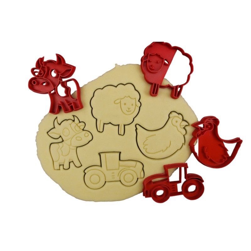 Thème Animaux de la ferme - Mouton, Poule, Vache, Tracteur - Lot d'emporte-pièces Thème Animaux de la ferme - Mouton, Poule, Vache, Tracteur - Lot d'emporte-pièces